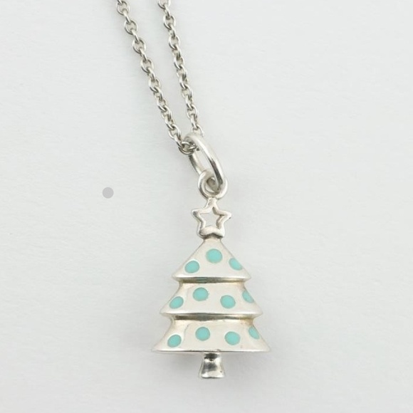 RARE Tiffany & Co Christmas Tree in Blue Enamel and Silver Pendant Necklace - Picture 1 of 4